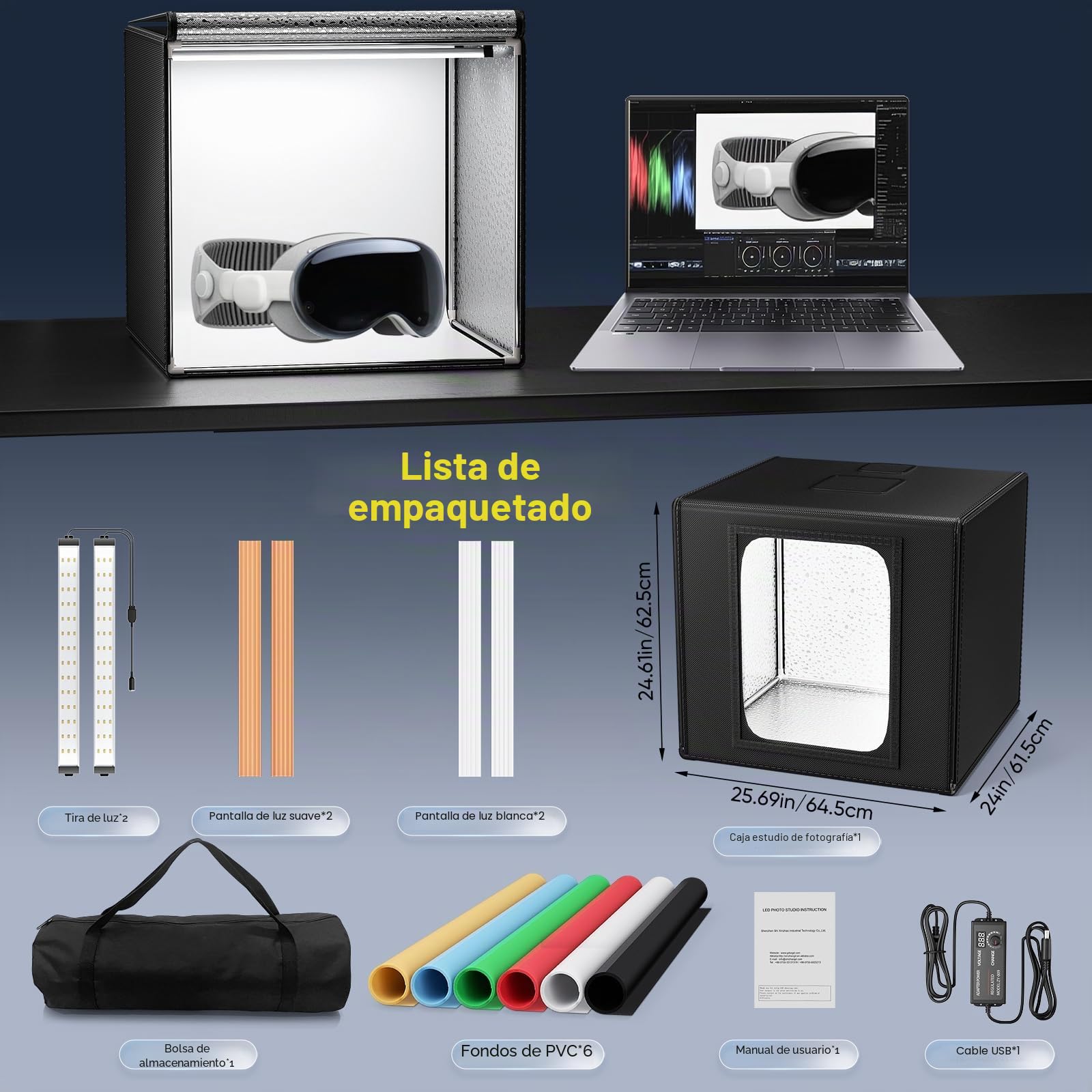 Caja de luz Fotografía 60x60x60CM, Caja de luz para Fotografía con Soporte, Brillo Ajustable 0-100% Estudio Fotográfico Equipada con 126 Cuentas LED Giratorias de 360°