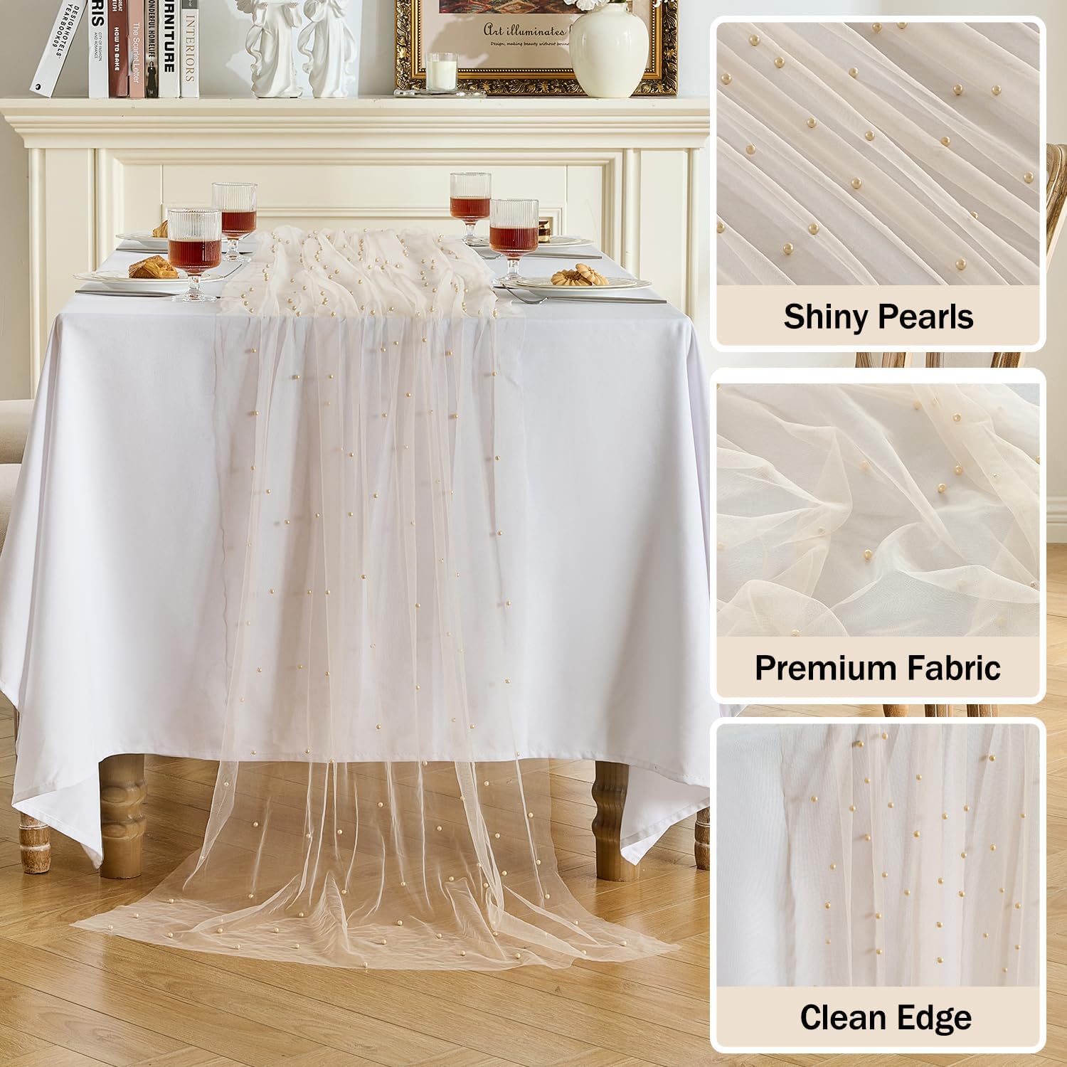 Fanami 6 Pack Pearl Table Runner -10FT Champagne Gold Boho Tulle Table Runners 120 Inches Long Rustic Sheer Lace Fabric Centerpieces for Wedding Arch Birthday Party Bridal Veil Baby Shower Decorations - Image 3