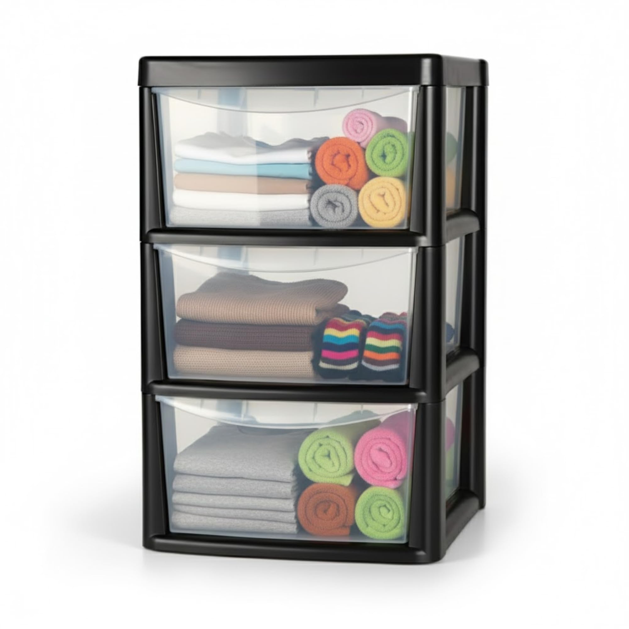 ALEEZ - Large Plastic Drawer Storage Unit - Rattan Effect 3 Drawer Cabinet - Multipurpose Storage Organiser - Office, Tabletop Desktop Drawer - Bedroom Chest Drawer Unit - (Black/Clear, 3 Drawer)