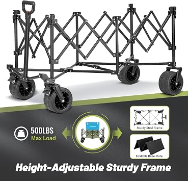 EchoSmile Collapsible Foldable Extended Wagon with 500Lbs Weight Capacity, 300L Folding Utility Wagon Cart with Big All-Terrain Wheels for Beach,Sport,Garden&Grocery (Green)
