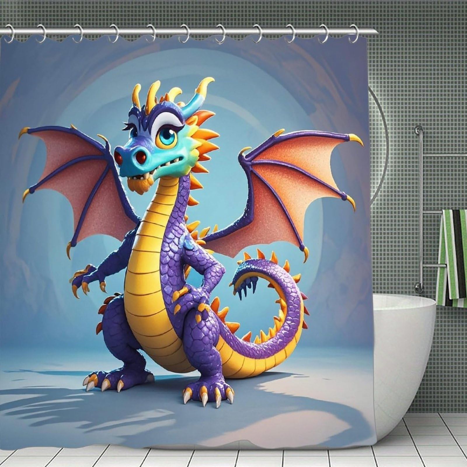 FekiLoot Cartoon Dragon Shower Curtain Minimalist Aesthetic Bath Curtain with Hooks Simple Water Resistant Bathroom Shower Curtains Cute Blackout Privacy Curtains Cloth Curtain