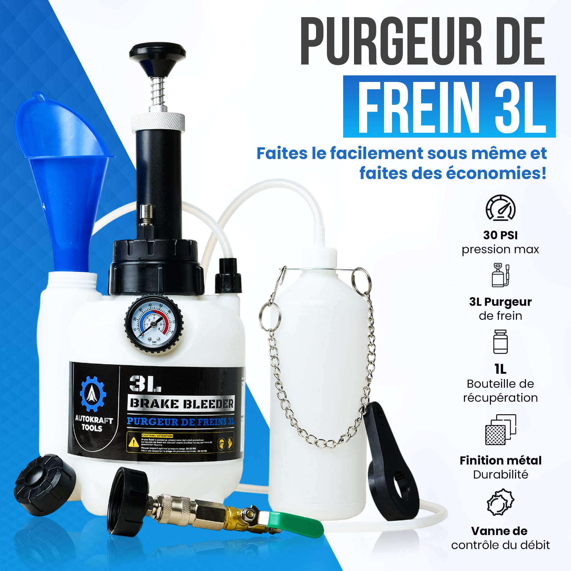 Purgeur de Frein 3L - Pompe renforcée en métal - Valve de Contrôle du Débit - Adaptateur Universel E20 - Entonnoir et Gants de Sécurité Offerts - Bouteille de Collecte 1L