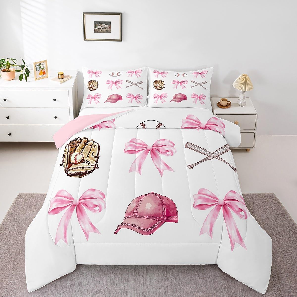 Castle Fairy Baseball Girls Toddler Bedding Set,Pink Bow Sport Lover Comforter Bed Set Teens Women Bedroom Decor,Cartoon Ball Hat Glove Quilt Set 2 PCS,Pink White Kids Duvet Insert,1 Pillow Case