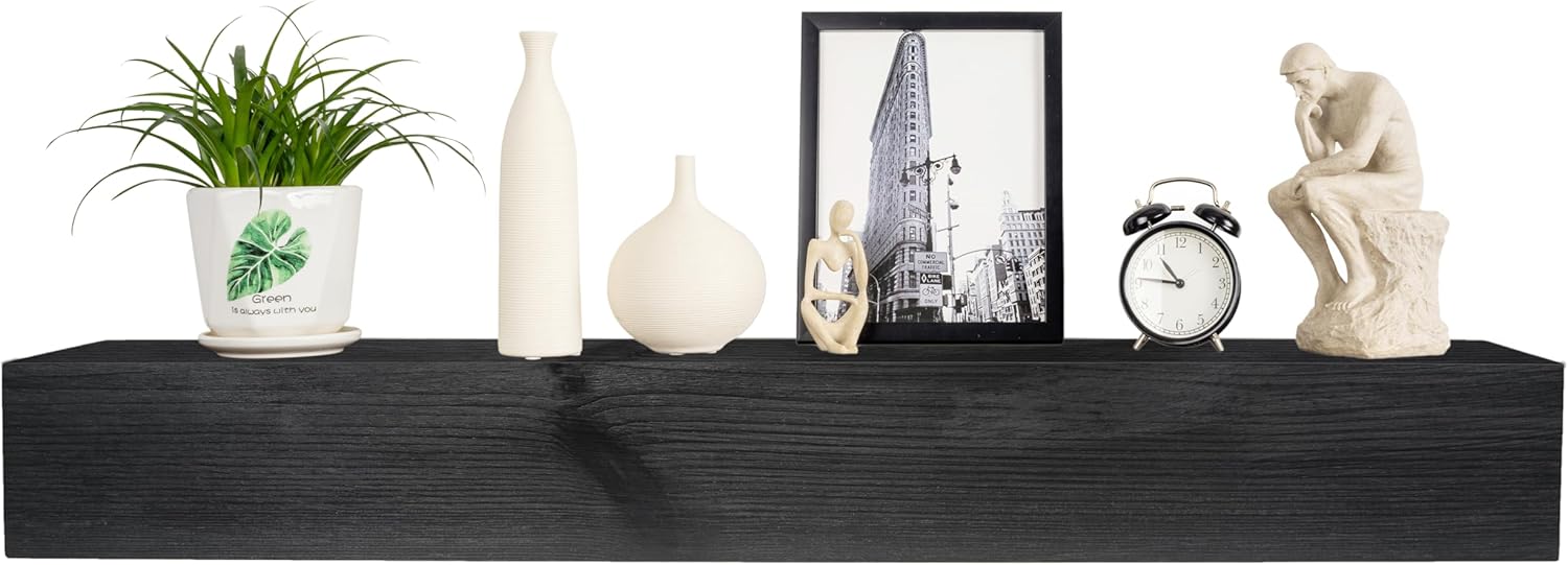 54 Inch Rustic Solid Pine Wood Fireplace Mantel Shelf Black - Farmhouse Floating Mantle for Electric Fireplaces, Easy Install 50lb Capacity