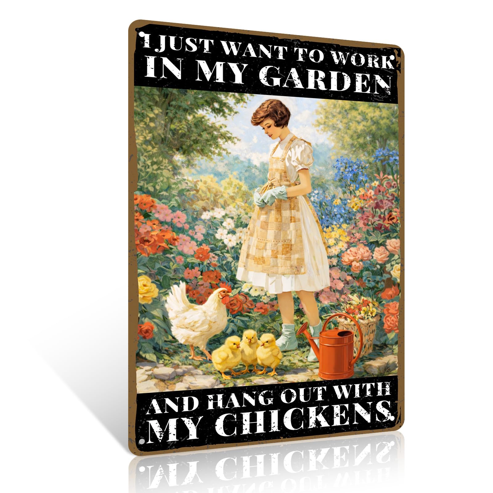 Rustic Garden Metal Sign 8x12 inch I Just Want to Work in My Garden and Hang Out with My Chickens Vintage Tin Sign Wall Art Decor For Greenhouse Backyard Gardening Lovers Gift
