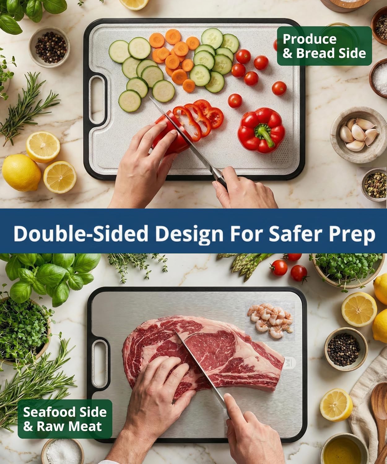 Titanium Cutting Board for Kitchen, Double Sided Chopping Board, 100% Pure Titanium/PP, Odor Resistant Knife Safe Board for Meat Vegetables Fruits, Easy to Clean