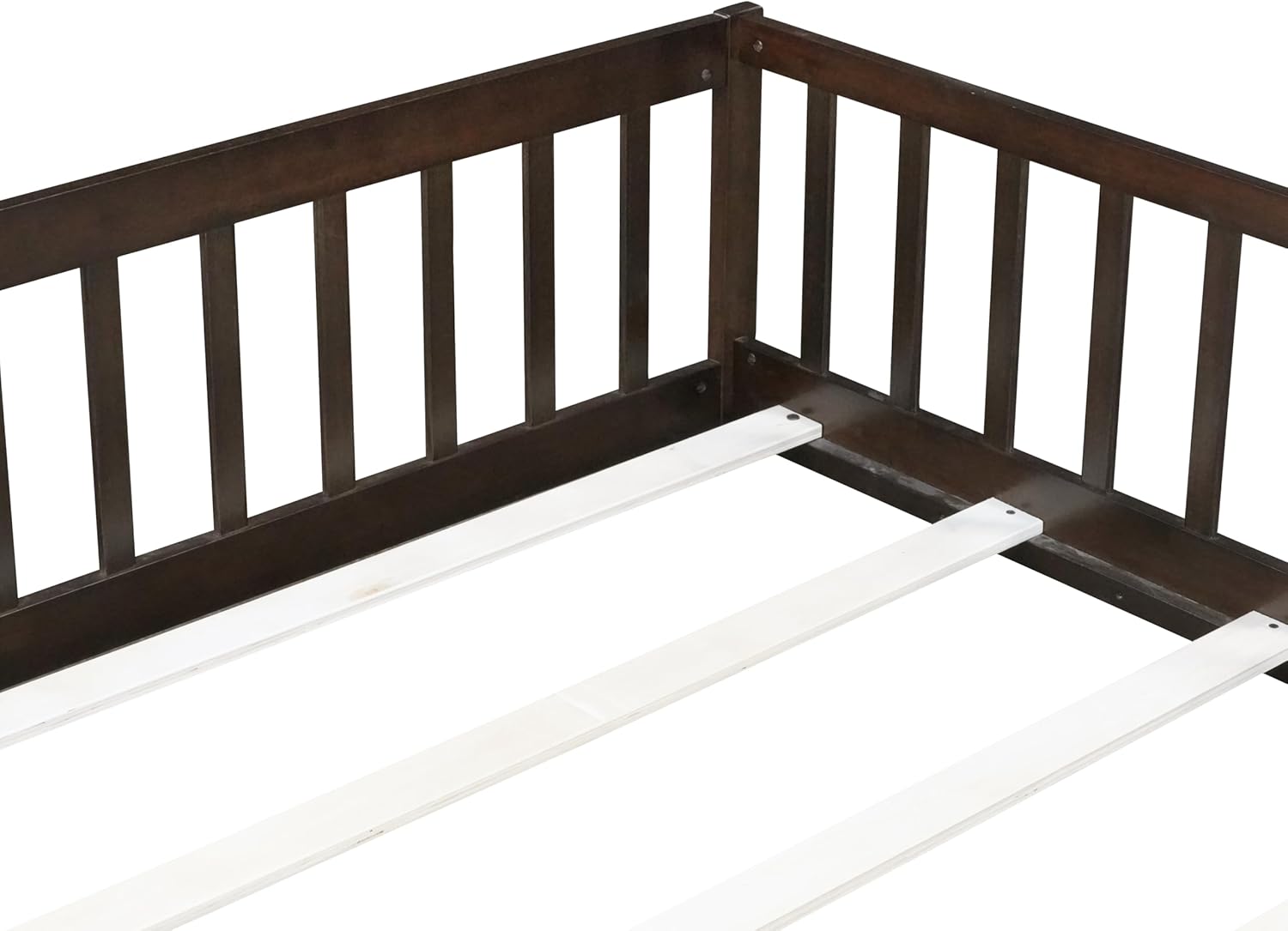 Bellemave Full Size Floor Bed for Kids, Girls, Boys, Rubber Wood Floor Bed with slats and Door/Rails/Fence, Espresso