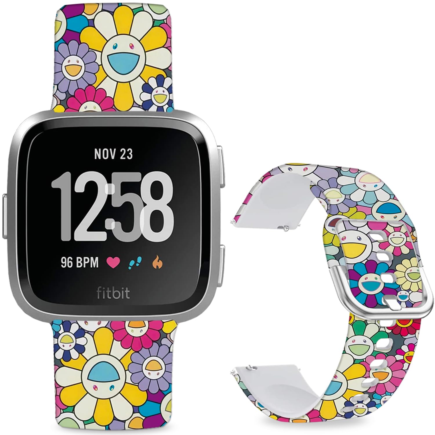 Leotop Pattern Printed Soft Silicone Replacement Bands Compatible with Fitbit Versa/Fitbit Versa 2 for Women Men Teens. (Smiling Flower)