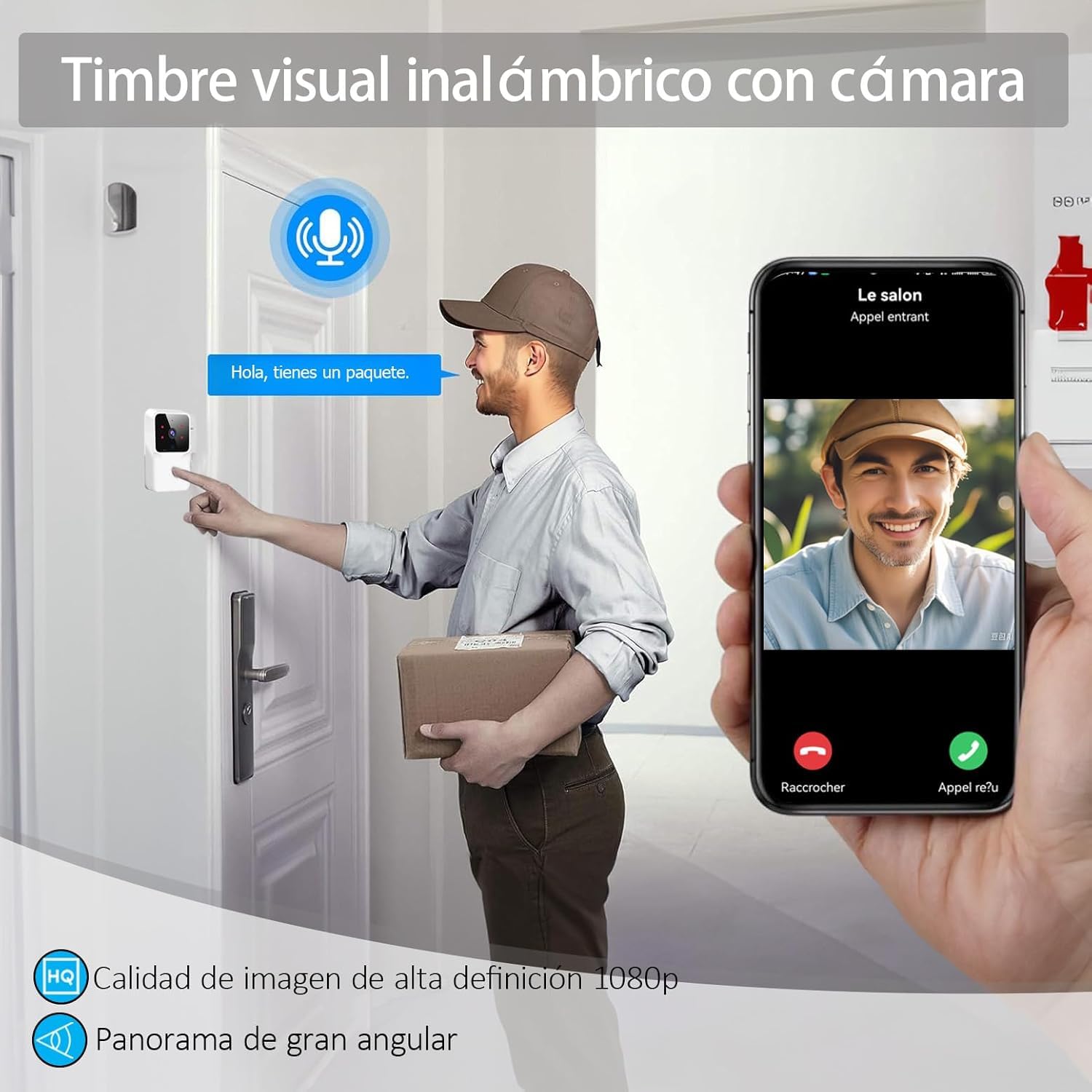 Timbre Videoportero Inalámbrico,Cámara HD1080P Visión Nocturna,Impermeable IP66,Intercomunicación Bidireccional WiFi,Instalación Sin Taladrar Inalámbrica,Control por App para Hogar/Piso/Garaje