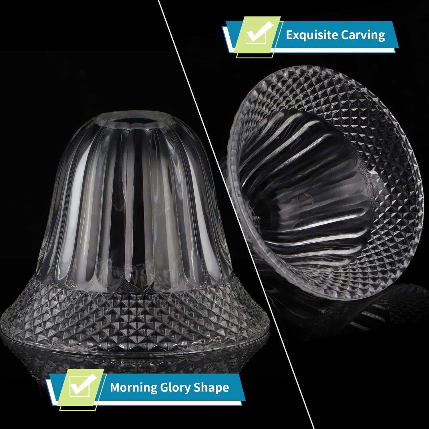 Skelang Lip-less Glass Lamp Shade, Bell Shaped Light Cover with 1-5/8" Fitter Opening, Fixture Replacement Globes for Pendant Light, Chandelier