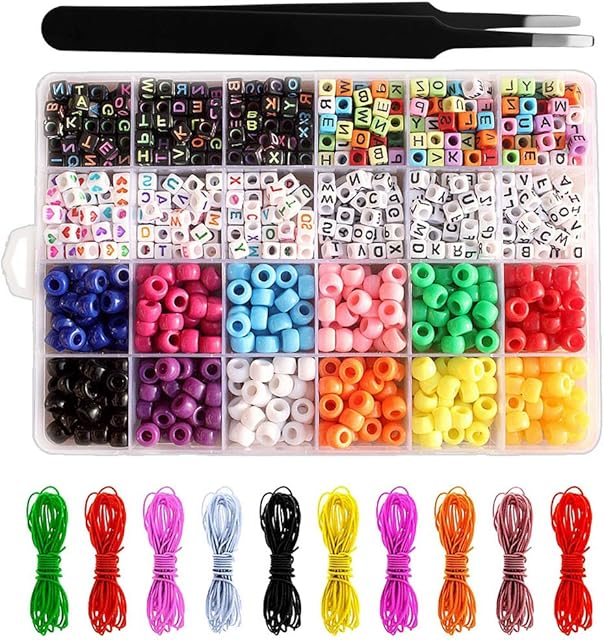 Bracelet Making Kit, 6mm Rainbow Color Beads for Bracelet Making Pony Beads A~Z Letter Beads Necklace Bracelet Kit with Tweezers Colourful Elastic Strings for Making DIY Crafts (Colour1)