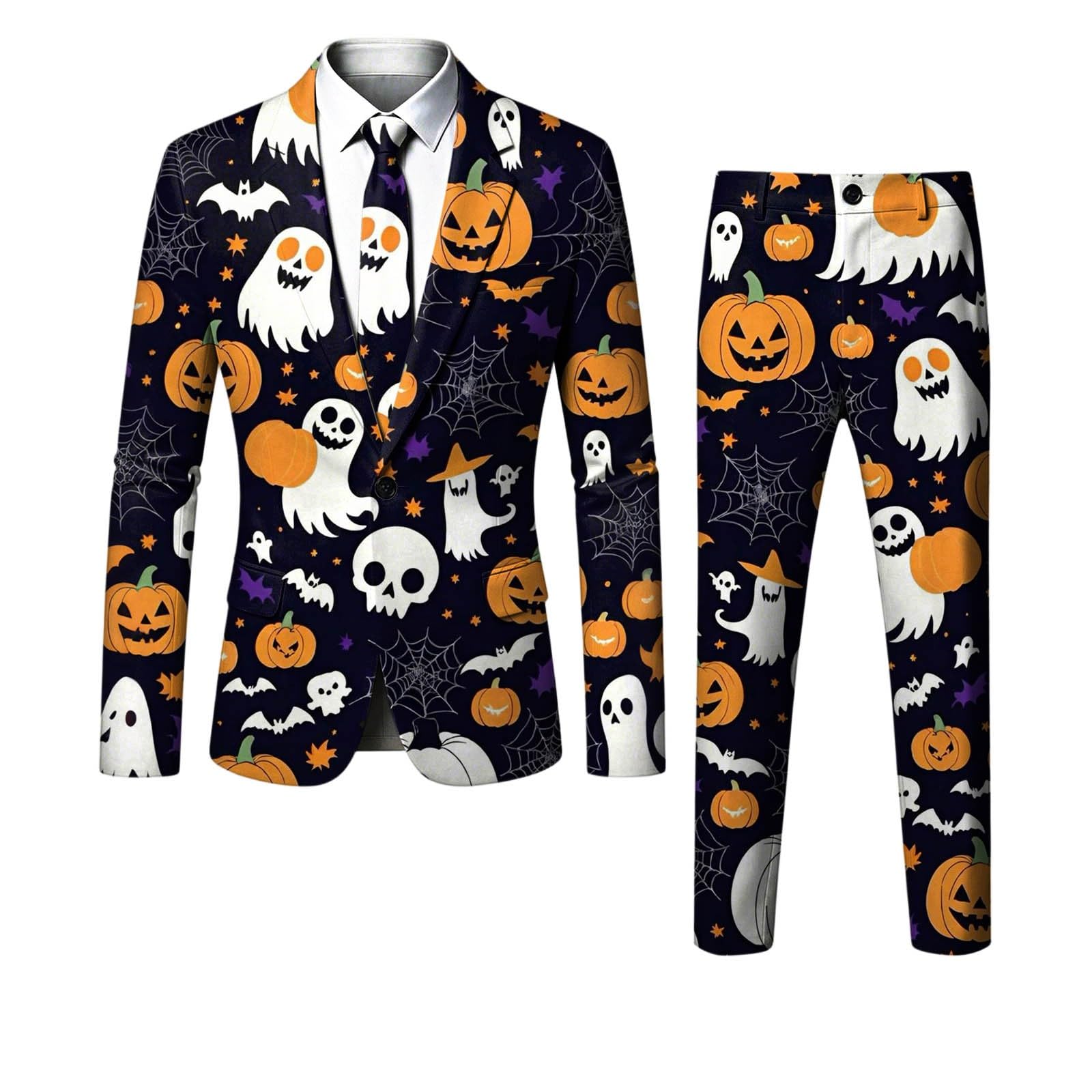Generisch Halloween Anzug Herren 2 Teilig Anzug Slim Fit mit Halloween-Print Herrenanzug Jacke Klassisch Anzüge Modern Stilvolle Sakko für Partys Veranstaltungen Blazer Mantel Festlich Kostüm