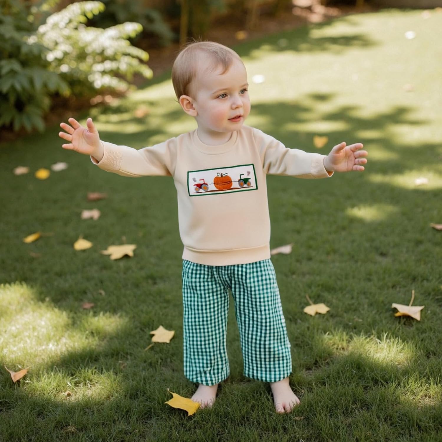 Toddler Baby Boy Halloween Outfit Pumpkin Excavator/Tractor Embroidery Long Sleeve Sweatshirt and Plaid Pants Set - Image 4