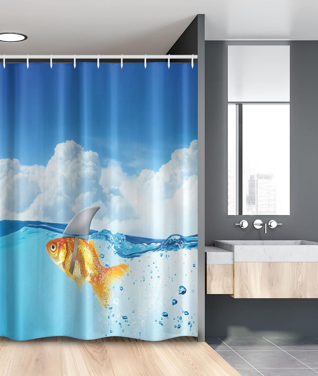Ambesonne Shark Stall Shower Curtain, Goldfish Mammal Fin on Top of The Water Fake Comical Humorous Nature Image, Fabric Bathroom Decor Set with Hooks, 54" W x 78" L, Blue Orange