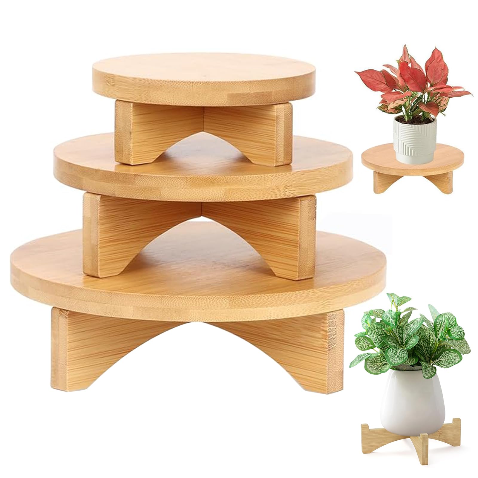 3er Set Blumenhocker Holz, Abnehmbar Klein Holzschemel, Kleiner Deko Hocker, Ausstellungsständer für Holzhocker, Mini Holz Blumenteller,runder Pflanzenständer für drinnen und draußen, Terrasse, Garten