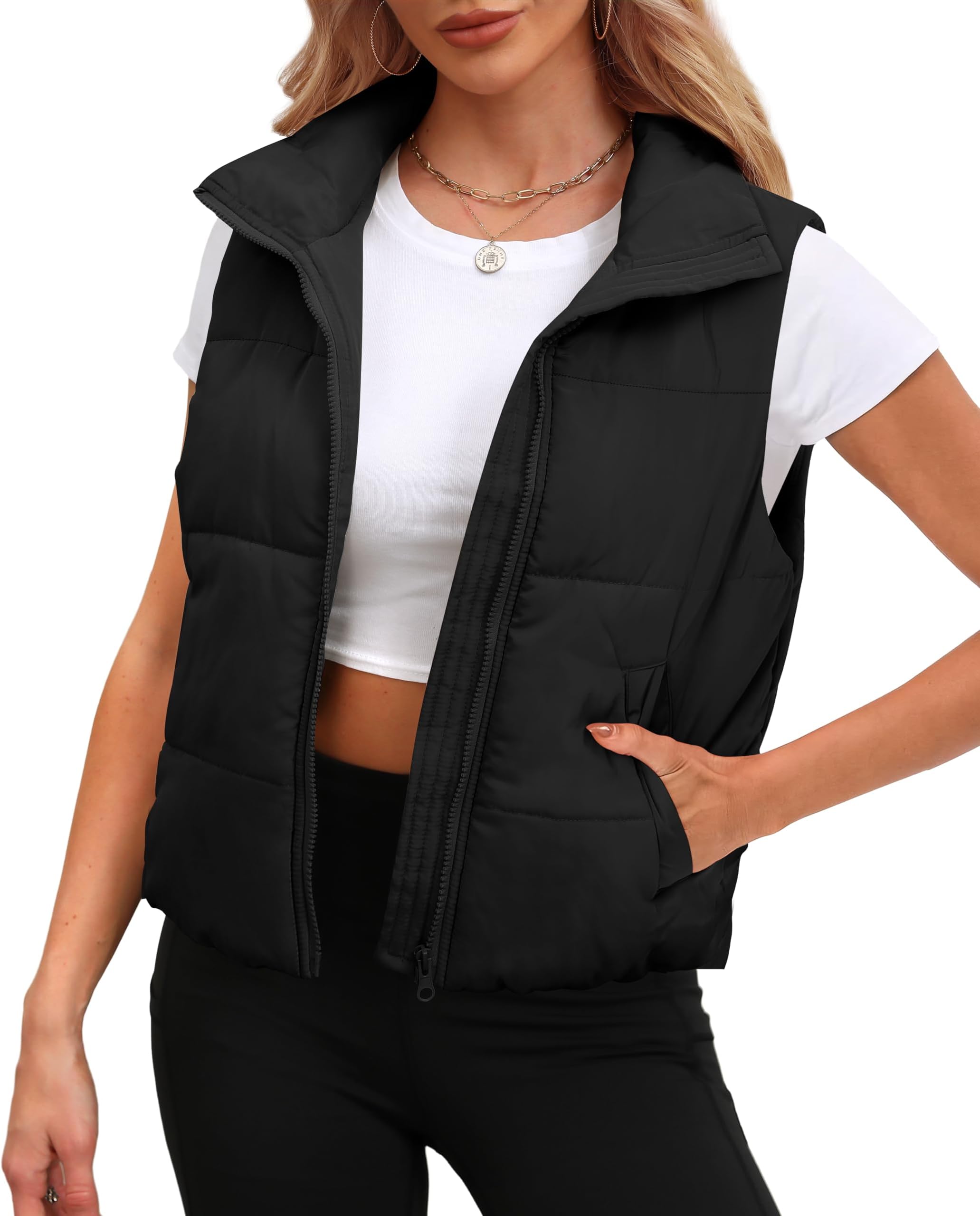 SAMPEEL Puffer Vest Women Cropped Stand Collar Lightweight Padded Outerwear Fall Winter Clothes Warm Zip Up with Pockets
