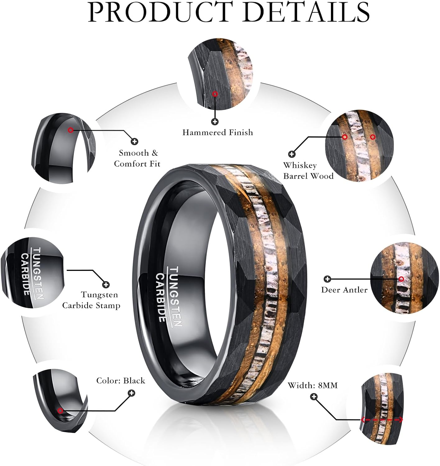 NUNCAD 8mm Tungsten Ring for Men, Black Inlaid Whisky Barrel Wood Antler Hammered Tungsten Wedding Bands Customize Engraved Ring Fit Men Women Size 7-12 - Image 3