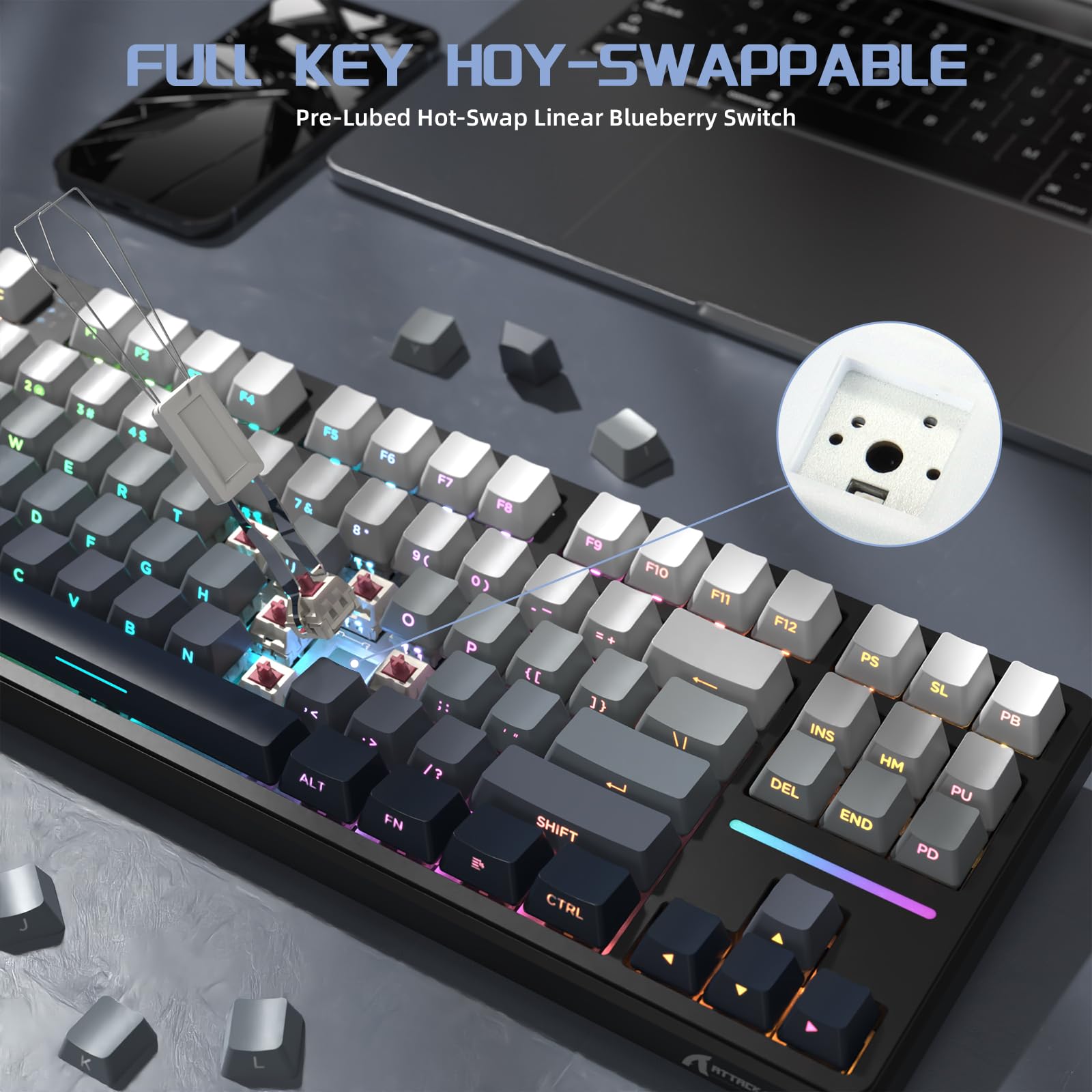 LexonElec X ATTACK SHARK X87 Tastiera Meccanica Wireless, Tri-Mode-BT/2.4G/Cablato, Sostituibile a Caldo, Interruttore lineare, Tasto PBT Stampato Lateralmente, Guarnizione, Tastiera RGB (Bianco Nero)