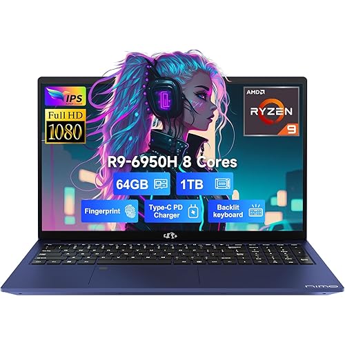 NIMO 17.3 FHD IPS Gaming Laptop Computer, 8 Cores AMD Ryzen 9 Pro 6950H 680M DDR5(Up to 4.9GHz, Beatsi9-10900), 64GB RAM 1TB SSD, 100W Type C, Backlit Keyboard, WiFi 6, Long Battery Life, Win 11