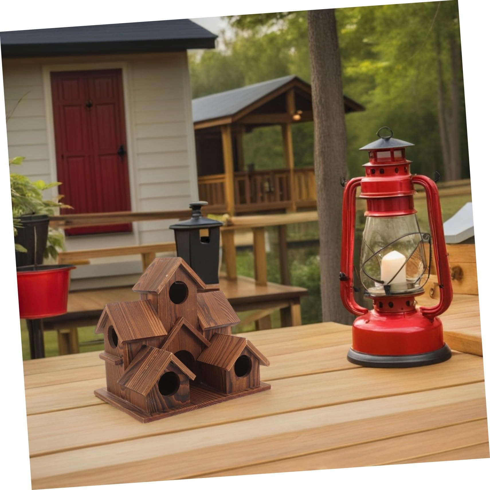 BESTonZON 2 Piezas Casitas Pájaros Exterior de Madera Maciza Colgantes con Función de Comedero Diseño Rústico Estilo Cabaña para Jardín y Patio Decoración para Observación de Aves