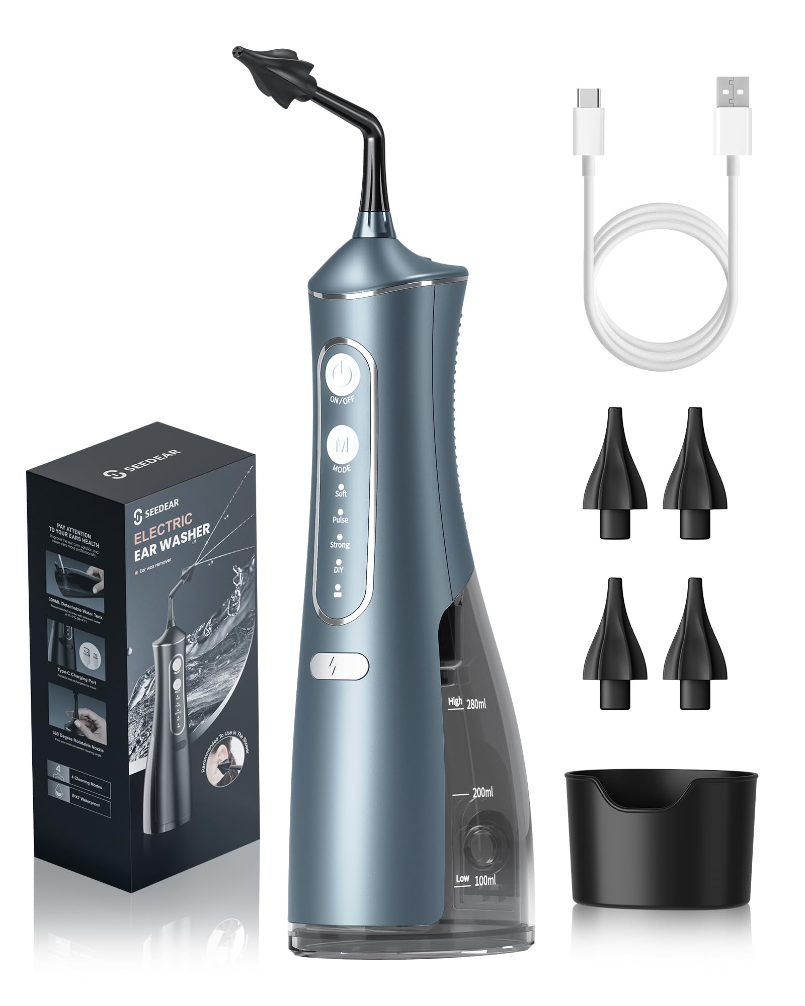 SEEDEAR Elektrisches Ohrspülgerät-Ohrdusche für erwachsene | 300 ml Wassertank, 4 Wasserdruckstufen mit DIY-Modus, IPX7 wasserdicht, USB-C wiederaufladbar, für tägliche Anwendung zu Haus