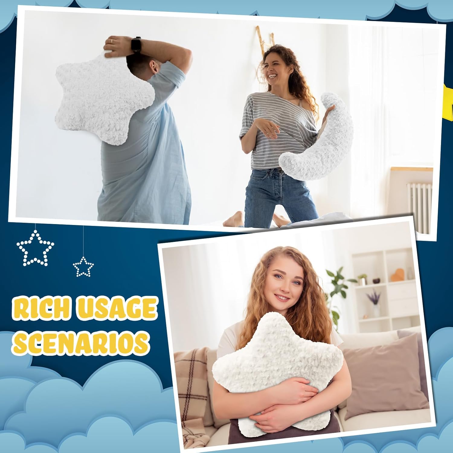 Beeveer 2 Pcs Star and Moon Shaped Pillow Set 17.7 Inch Cute Plush Moon Star Pillow for Couch Bed Sofa Soft Room Decoration for Bedroom Living Home Dorm Birthday Party Favors(White)