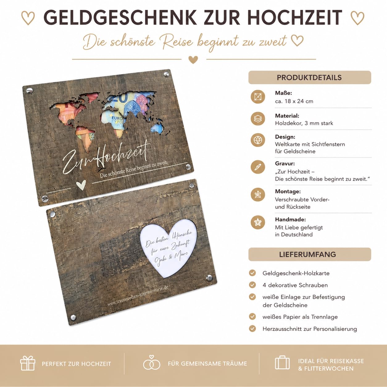 Geldgeschenk Hochzeit – Holzdekor Weltkarte 18x24 cm – rustikale Geldgeschenkbox zur Hochzeit mit Gravur „Die schönste Reise beginnt zu zweit“ – personalisierbar & verschraubbar
