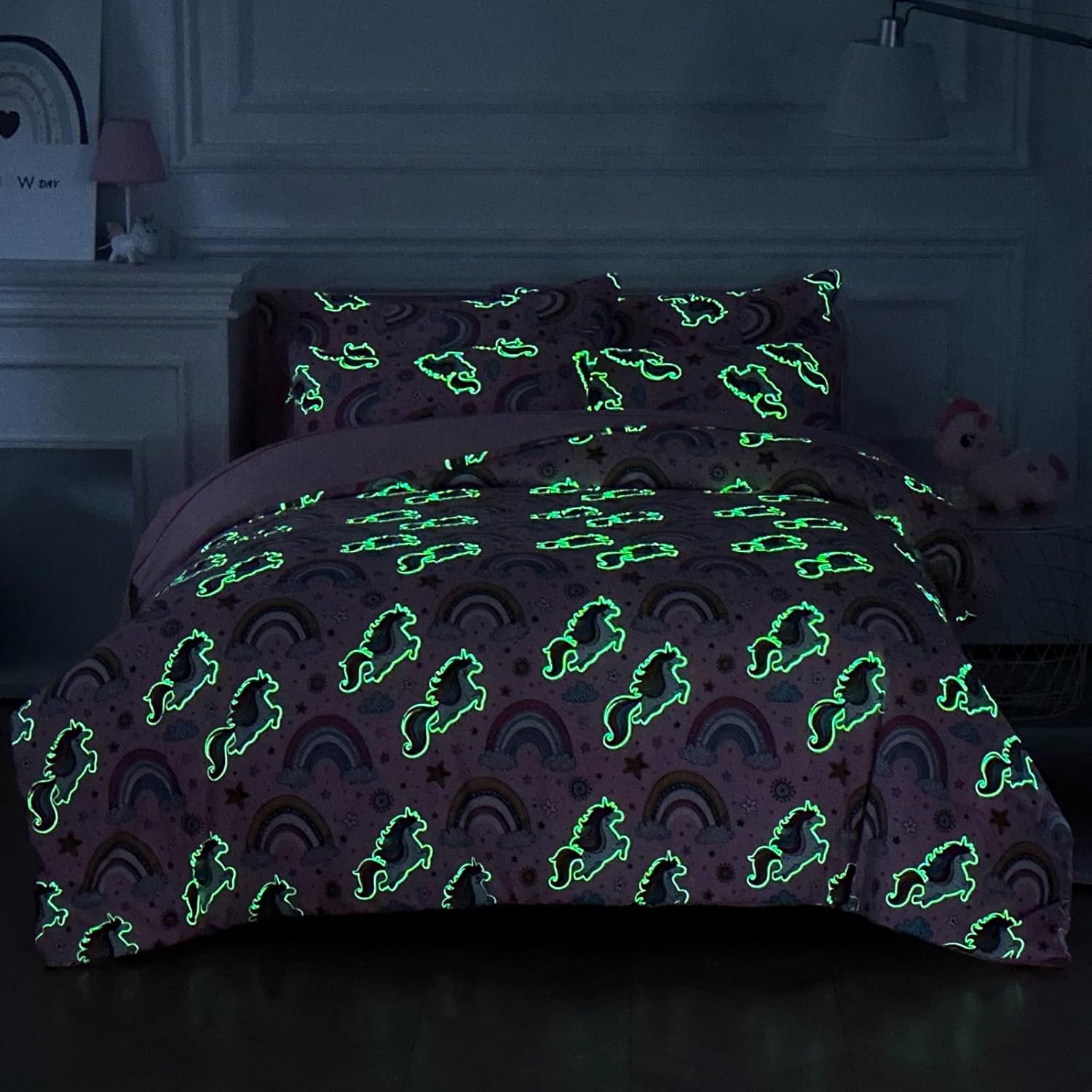 Aqzuxira Glow in The Dark Kids Comforter Set, 3 Pieces Pink Unicorn Bedding Set Twin Size for Boys Girls Teen, 1 Comforter, 1 Pillowcase, 1 Pillow Sham - Image 6