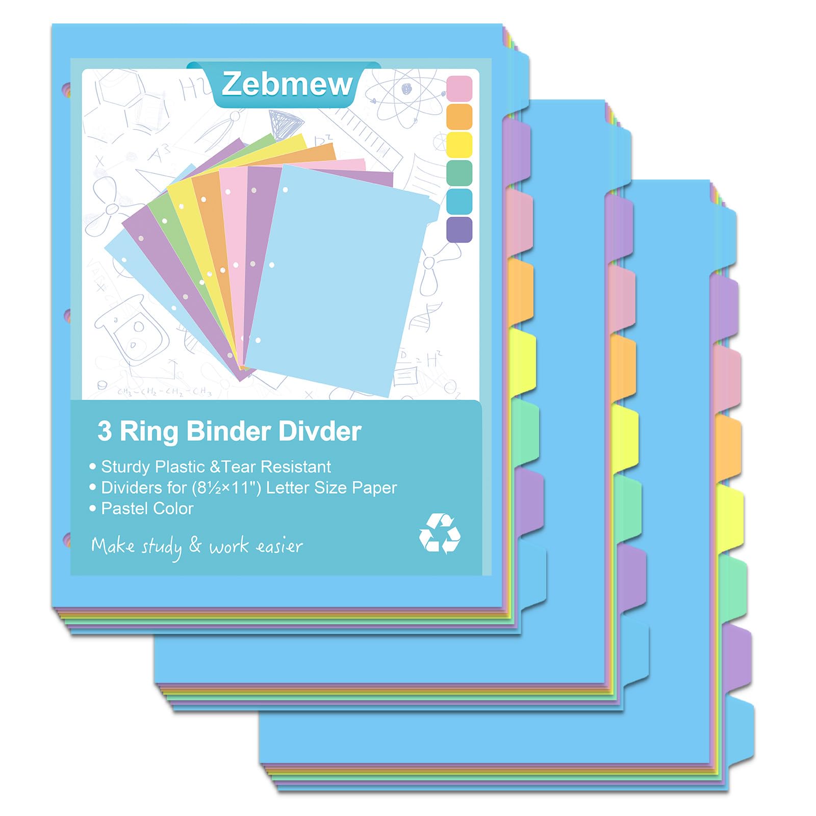8 Tab Binder Dividers with Tabs, Write & Erase Plastic Dividers for 3 Ring Binder, Pastel Color, Notebook Dividers for School & Office, 3 Sets