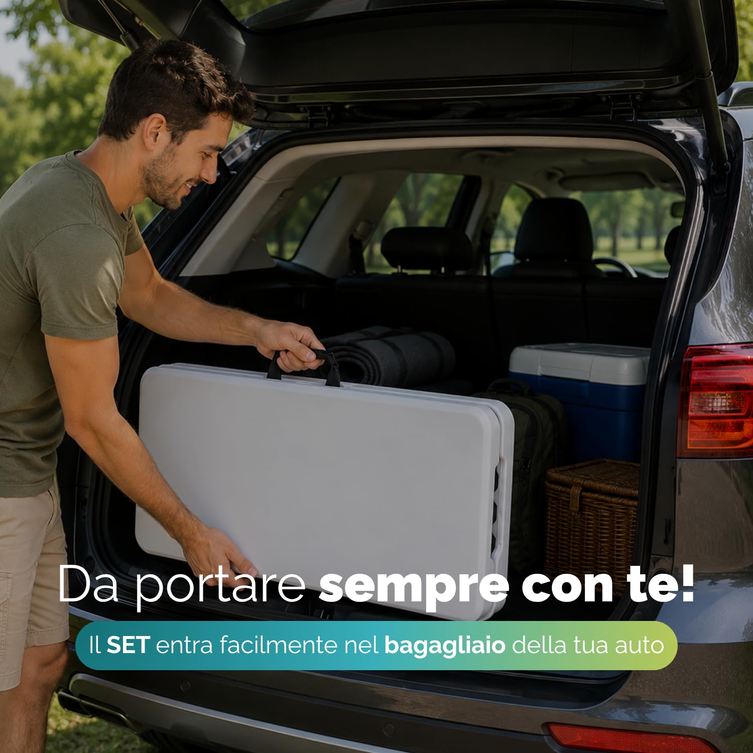 PALUPLUS Set Tavolo Catering con 2 Panche Pieghevoli, Tavolo da 180x71x74 cm e Panca da 180x29x43 cm, Set a Valigetta in Resina con Struttura in Metallo e Maniglia per trasporto -344F/8745F -28