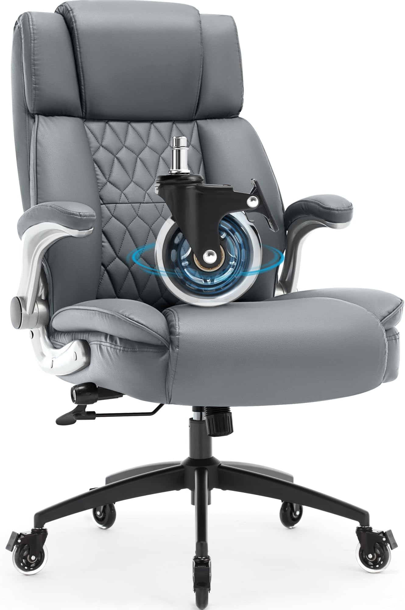 High Back Office Chair with Locking Wheels, Large Executive Desk Chair, Flip Arms Adjustable Lumbar Support, Ergonomic Synthetic Leather Computer Chair Prevents Cats Scratching, Thick Padded,Grey