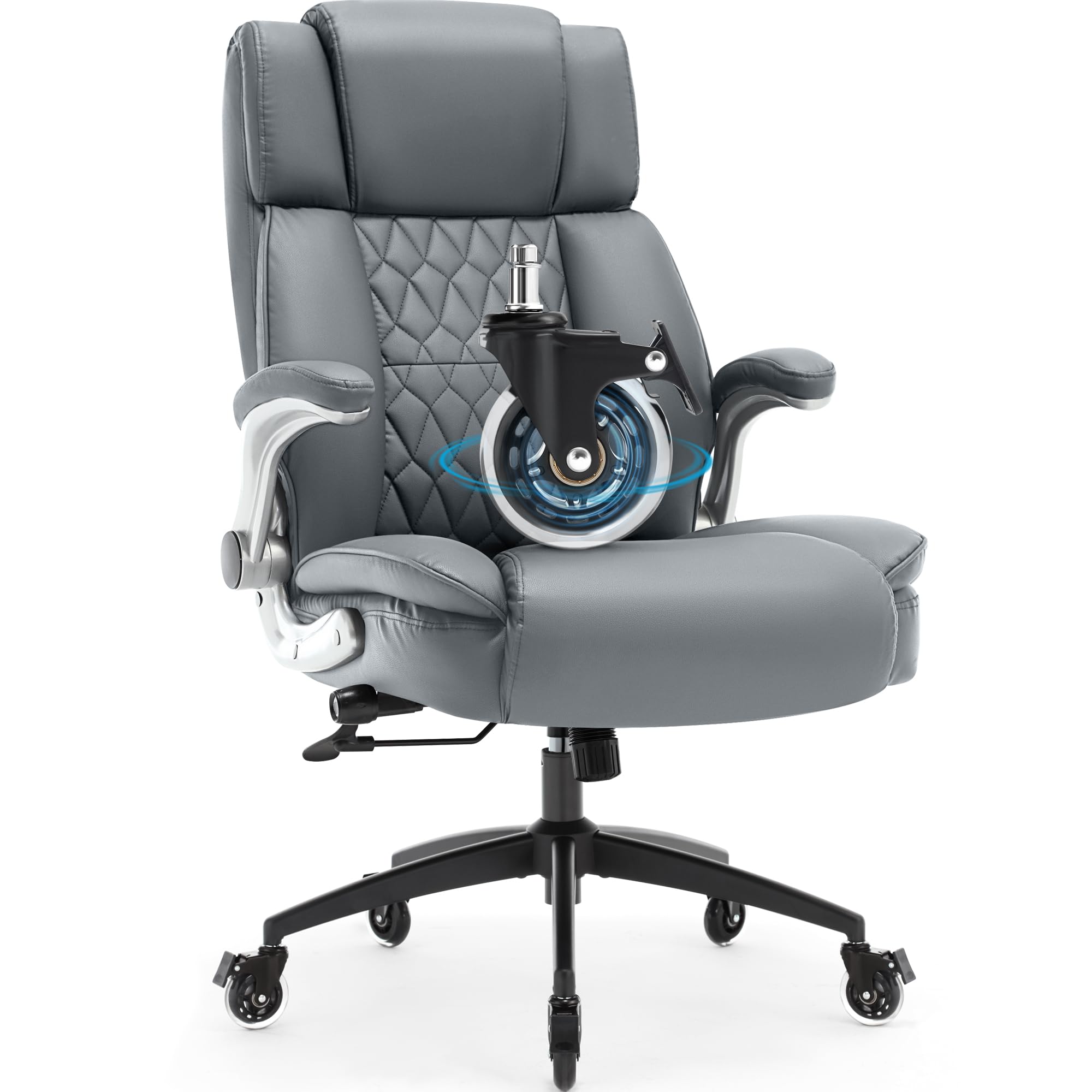 High Back Office Chair with Locking Wheels, Large Executive Desk Chair, Flip Arms Adjustable Lumbar Support, Ergonomic Synthetic Leather Computer Chair Prevents Cats Scratching, Thick Padded,Grey