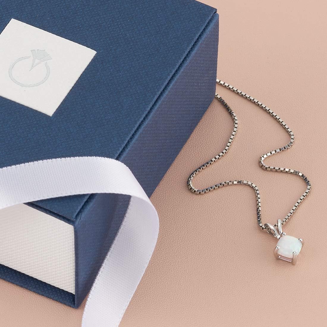 PEORA 14K White Gold Created White Opal Pendant for Women, Classic Solitaire, Cushion Cut, 6mm, October Birthstone Necklace, Fire Opal Necklace, Gifts for Birthday, Anniversary, Wedding