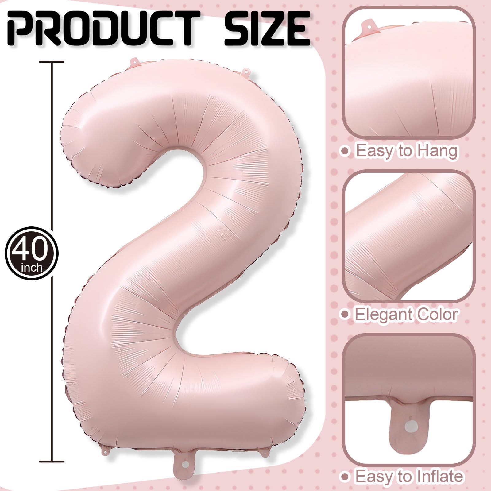 2 globos de 40 pulgadas, globos grandes de aluminio rosa bebé número 2, decoración de fiesta de cumpleaños, helio mylar rosa claro, autoinflables, dos globos para niñas y niños, decoración de