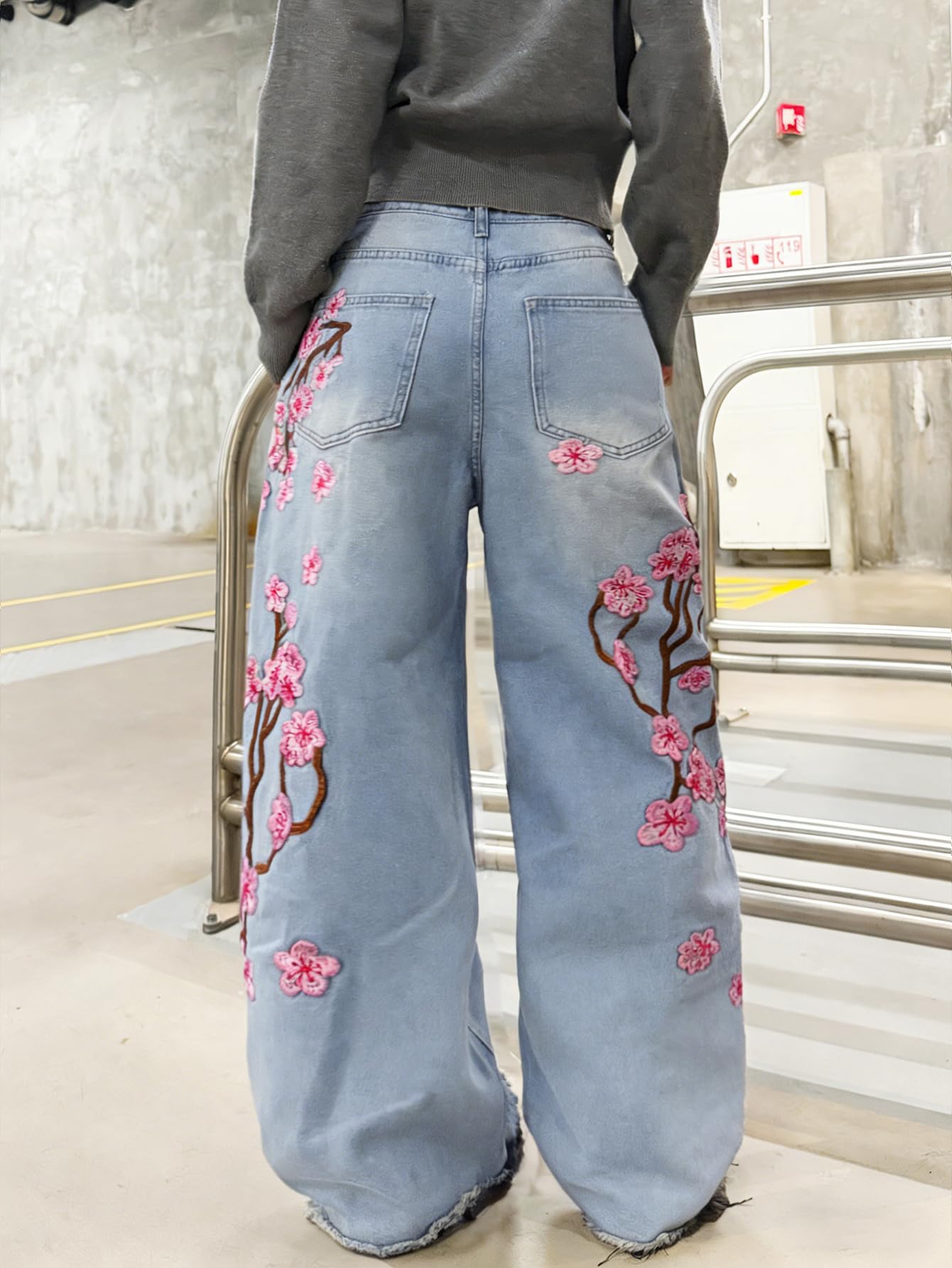Jeans larghi da donna, ricamati, alla moda, stile hip hop, a gamba larga, alla moda, skater, vestibilità larga, streetwear
