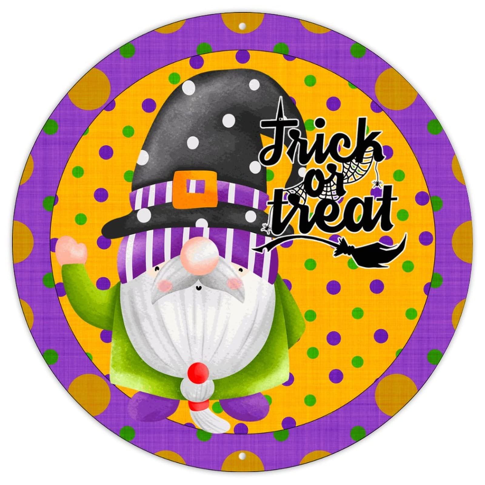 Purple and Green Polka Wreath Gnomes Metal Door Hanger Halloween Trick Or Treat Metal Wall Decor Sign Halloween Welcome Door Hanger Happy Halloween October 31 Retro Decoration Sign 9x9in