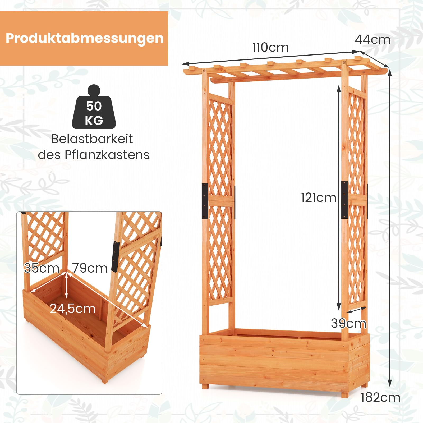 COSTWAY Blumenkasten mit Rankgitter & hängendem Dach, Pflanzkasten mit Rankhilfe, Hochbeet für Kletterpflanzen & hängende Körbe, für Hof Garten Terrasse, Pflanzkübel Holz, Orange (110x44x182cm)