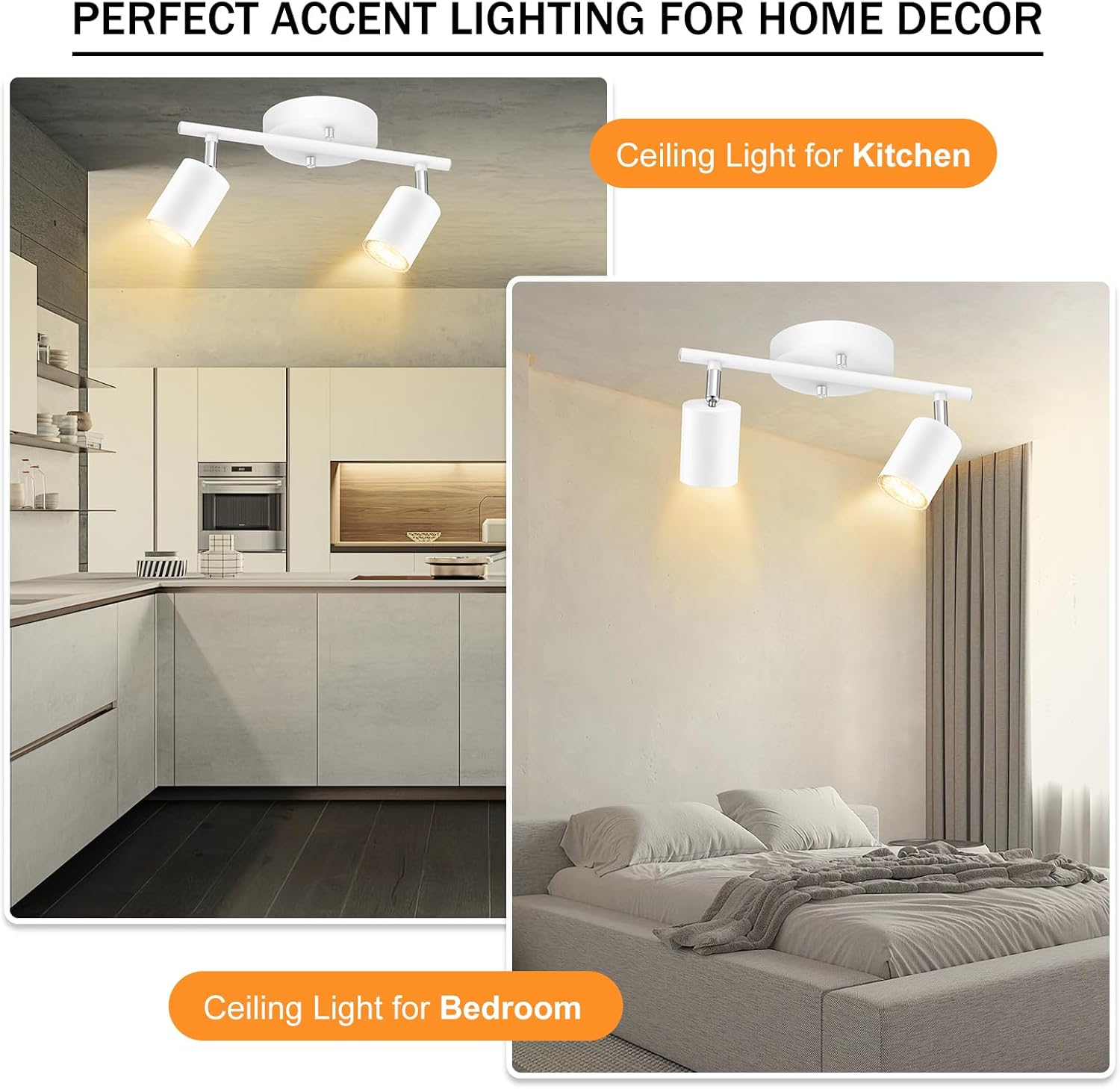 Track Lighting Fixture Ceiling White, Modern LED Track Lights Kit, 2 Lights Ceiling Lighting for Kitchen, Rotatable Spotlight Heads, Wall Mount Spot Lighting for Island/Bedroom(GU10 Socket, NO Bulb)