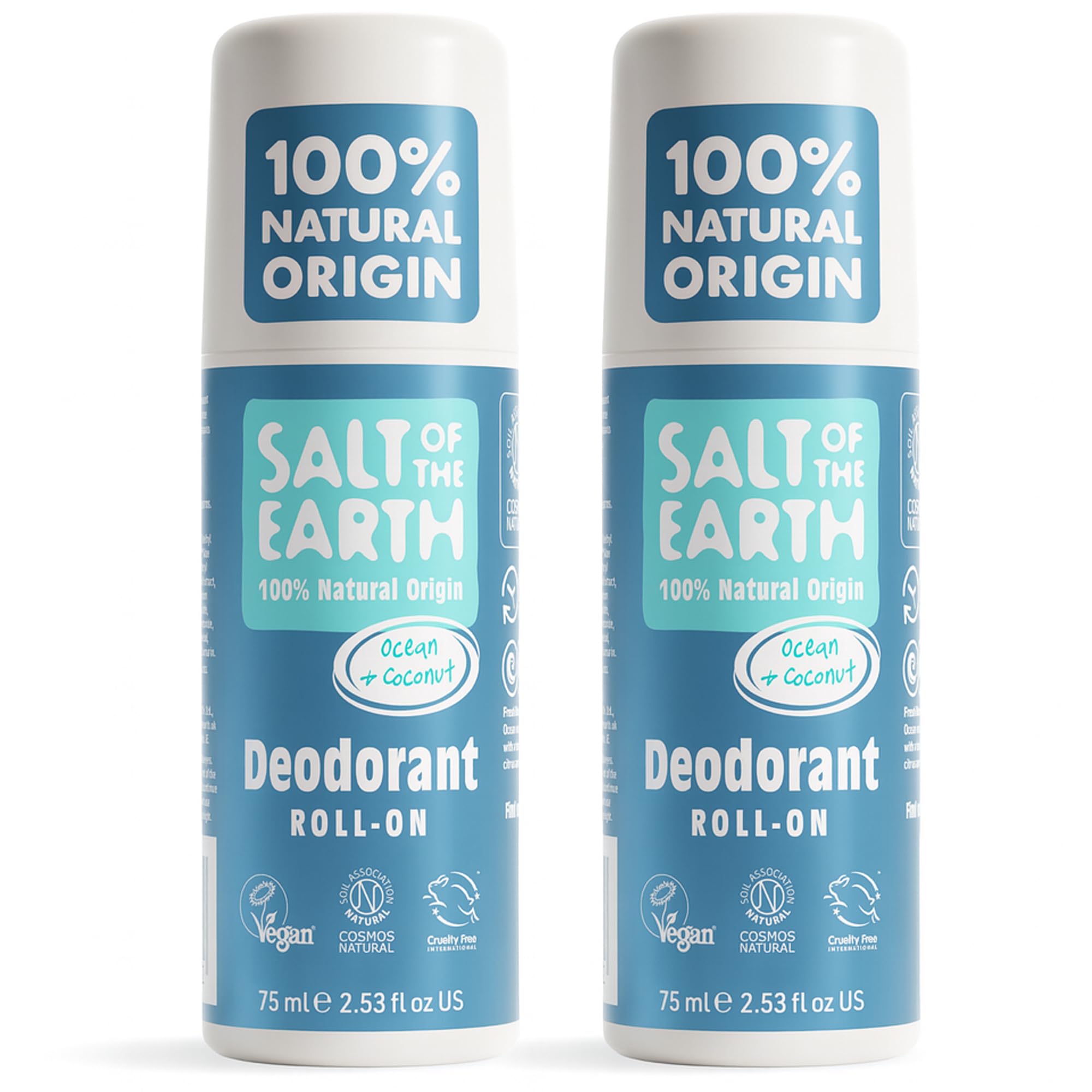 Salt of the Earth - 2 Pack Natural Roll On Deodorant Bundle (2 x 75ml) - Effective Protection, 100% Natural Origin Ingredients, Vegan Unisex Roll On, Made in the UK - Ocean and Coconut