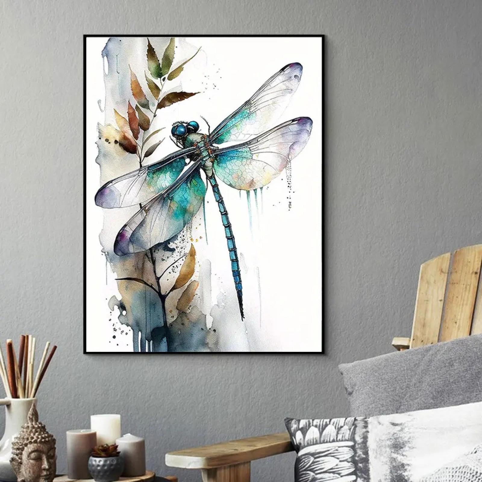 Peinture sur toile libellule MAIMANG pour habiller un grand mur blanc avec cadre - 7