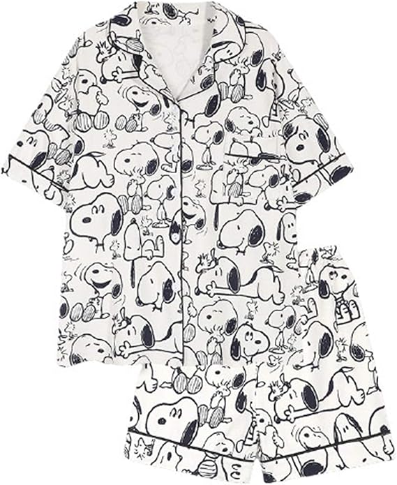 Amazon パジャマ レディース メンズ 寝巻き ホームウェア 半袖 前開き かわいい スヌーピープリント ショーパン 綿 吸汗 通気 肌に優しい ルームウェア 部屋着 春 夏用 2点セット パジャマ ルームウェアセット 通販