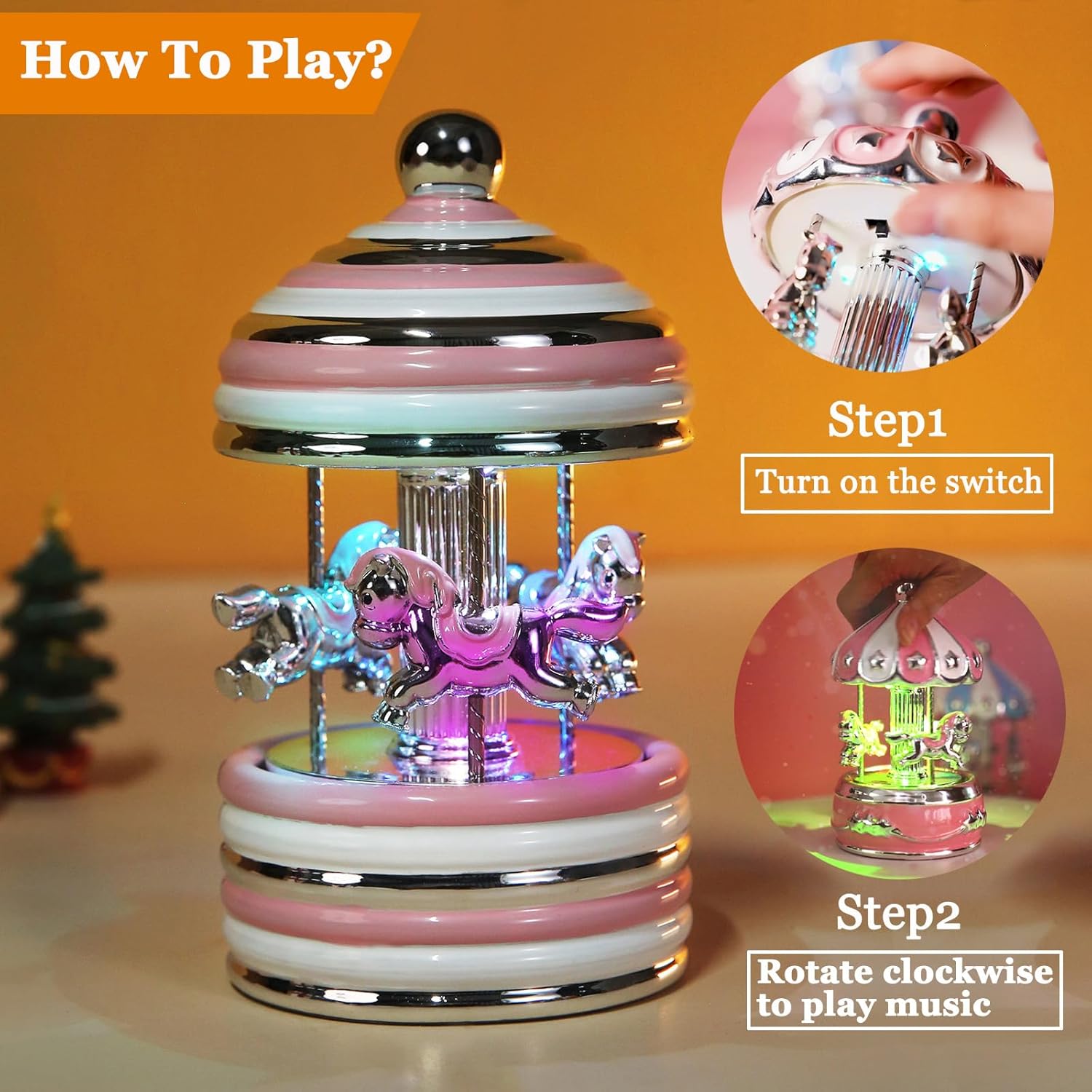 Carousel Music Box Gift Wrapped Ceramic Musical Carousel Color-Changing Lights Music Boxes for Girls Boys Kids Daughter Son Granddaughter Wife Mom Women Birthday Christmas (Pink Circle)