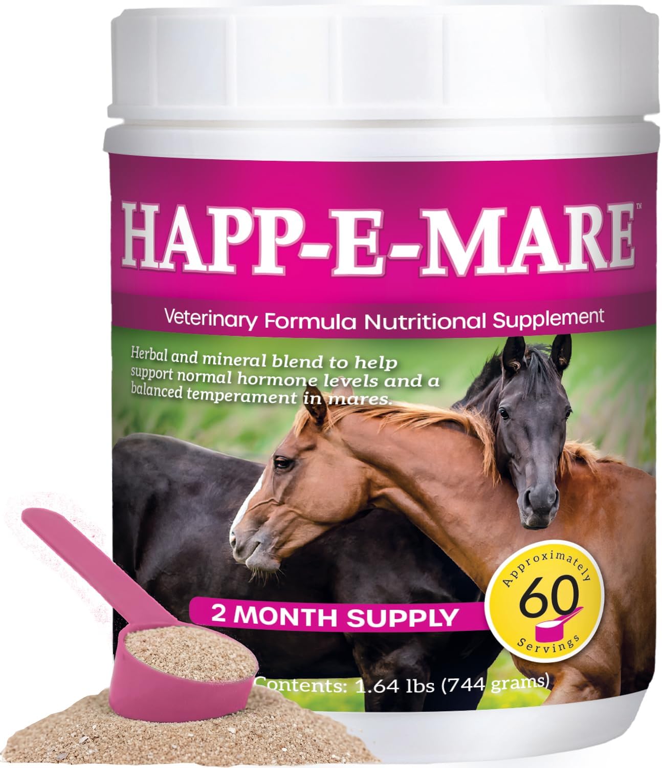 HAPP-E-MARE Equine Calming Supplement for Mares, Supports Balanced Behavior, Mood & Muscle Function, Herbal Powder with Vitamin E & Magnesium, 60 Servings