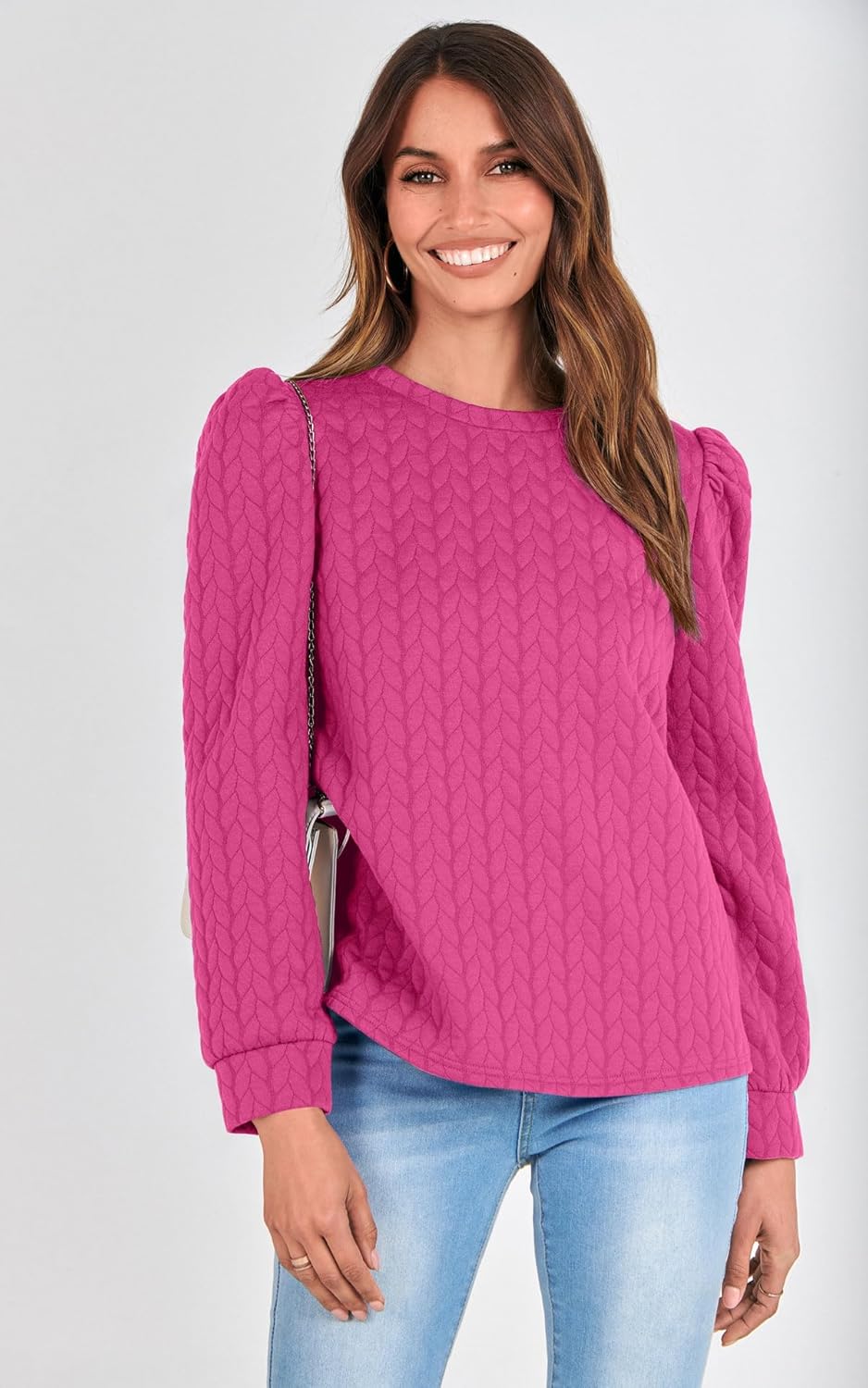 PRETTYGARDEN Women's Puff Sleeve Sweatshirts 2025 Fall Fashion Casual Crewneck Solid Twist Texture Pullover Tops - Image 4
