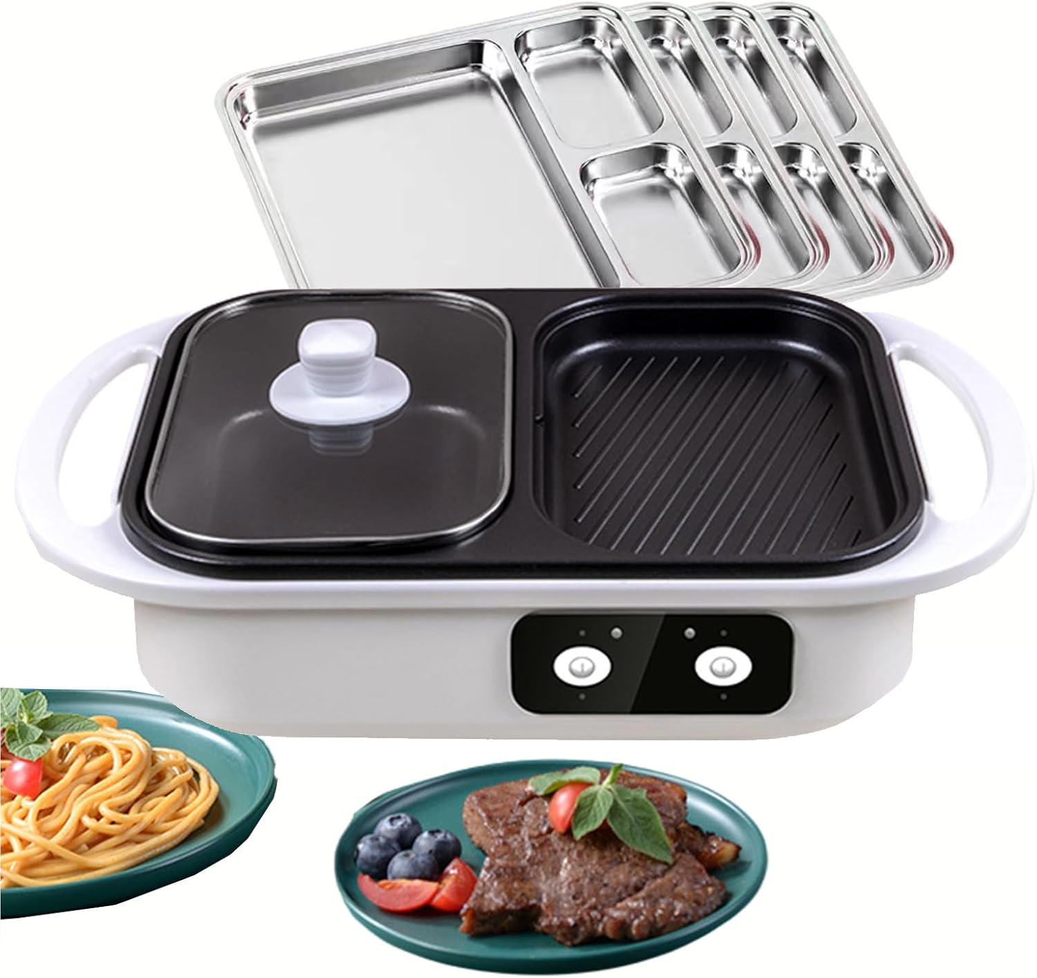 Electric Barbecue Grill And Shabu Hot Pot - Electric Nonstick Frying Pans 650w + 650w Two Speed Firepower - Multicookers Grill Pans For Commercial (With 4 Sauce Plates),White