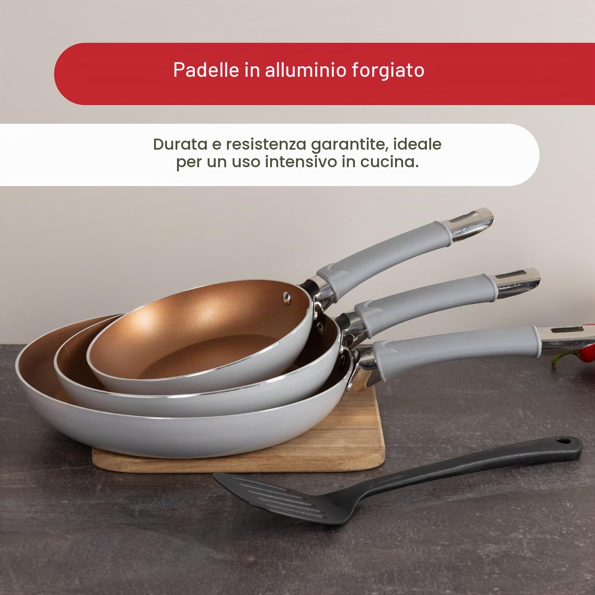 BERGNER LOJA REECO - Set di 4 padelle (18, 22, 26 cm) + spatola scanalata. Alluminio forgiato - Rivestimento antiaderente - Manico ergonomico - Compatibile con l'induzione