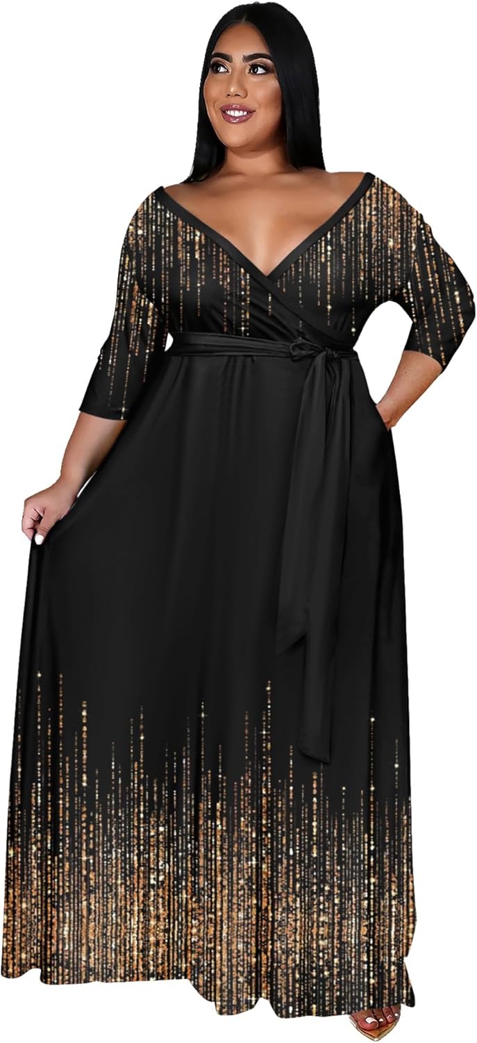 Nmoder Plus Size Maxi Dress for Women - Summer Casual 3/4 Sleeve Floral Flowy Long Dress with Belt XL- 6XL - Image 3