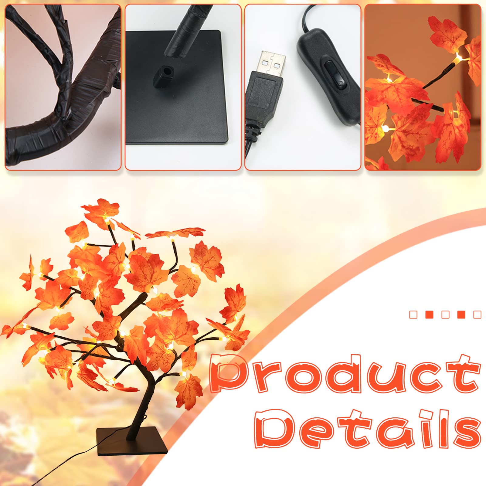LED Ahornblatt Lichterbaum – 24 LEDs, Warmweiß, 50 Cm Hoch – USB Betrieben Mit Timer Für Herbst & Weihnachtsdeko