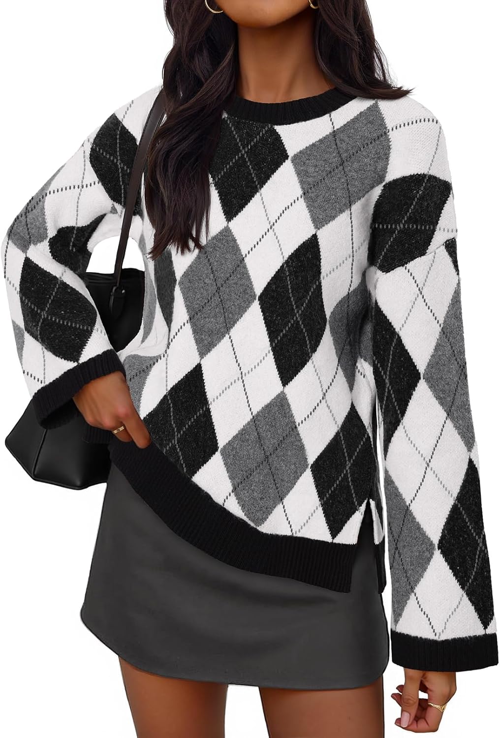 MEROKEETY Women's Long Sleeve Sweaters 2025 Fall Argyle Plaid Crewneck Loose Color Block Knit Pullover Tops