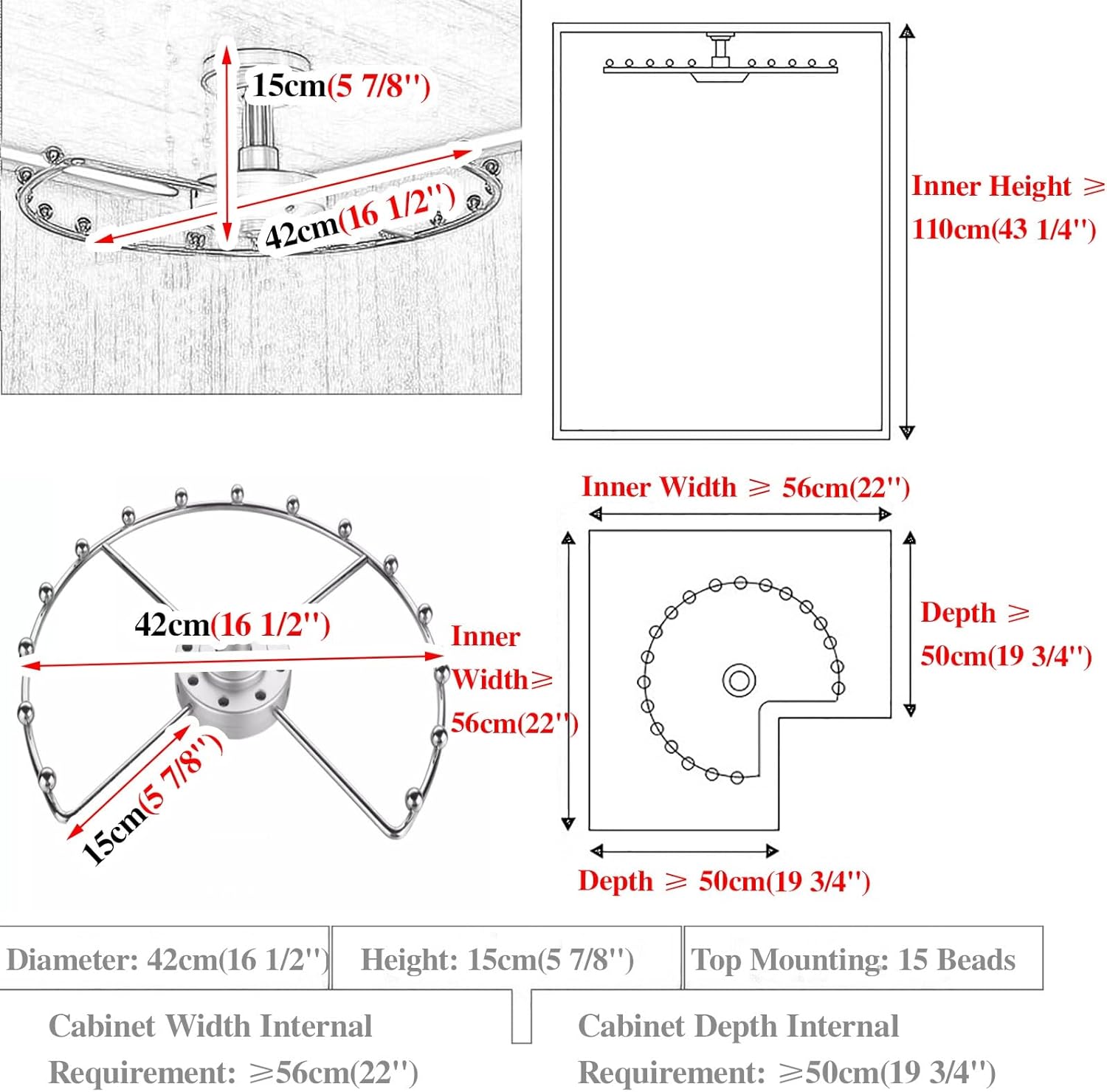 360 Rotating Corner Round Closet Support Rod, Heavy Duty Clothing Brackets for Hanging Clothes, Wardrobe Armoire Storage Organizer Closet Rack(Sliver,Small)